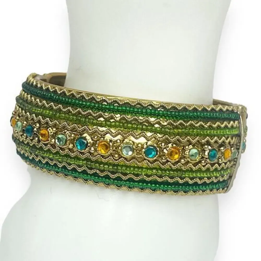 Bangle Bracelet‎ Jeweled Aqua Green Beads Hinged Mid Century Vintage